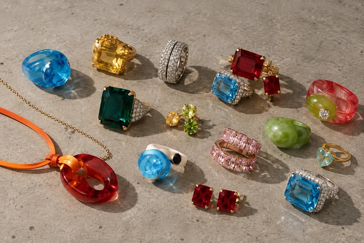 Planche de référence : bagues, boucles et pendentif aux pierres colorées sur béton